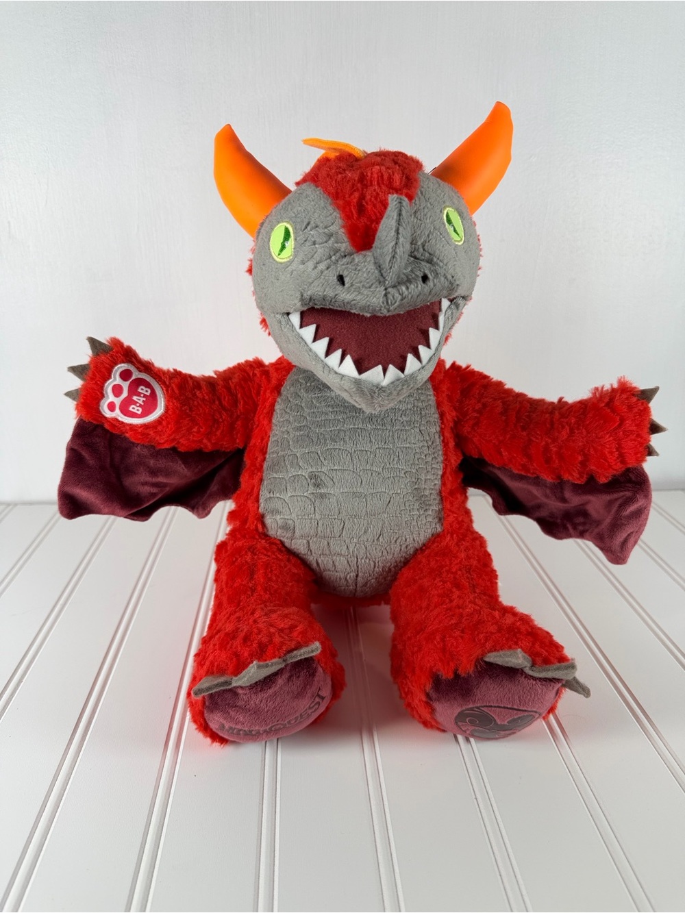 Build-A-Bear Red Dragon Plush with Gray Belly and Orange Horns